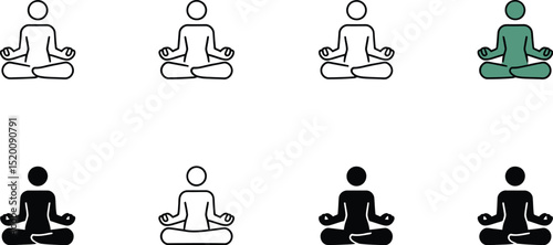 Eight yoga icons in various styles showing a person in the lotus position on a light gray background