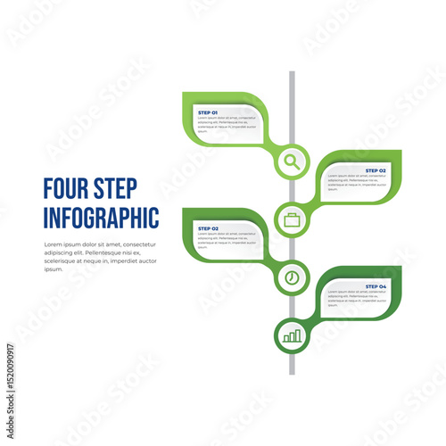 Green Leaf Four Step Infographic Design, Step-by-step infographic with leaf shapes and vertical timeline layout.
