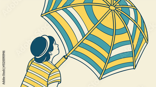 Illustration of woman with striped umbrella yellow blue and white retro style graphic design weather protection
