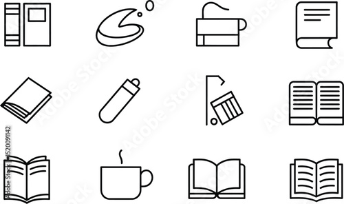 A minimalist line art illustration featuring books, a cup of tea, and other study related items