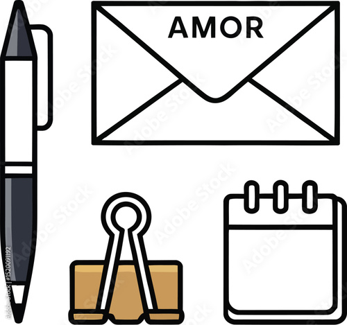 A flat illustration of a pen, an envelope with the word amor, a clip, and a calendar on a light background