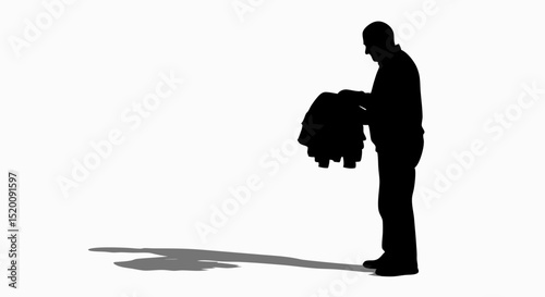 Silhouette of a man holding clothes illustration, reflection and contemplation concept, simple design, black on white background, copy space