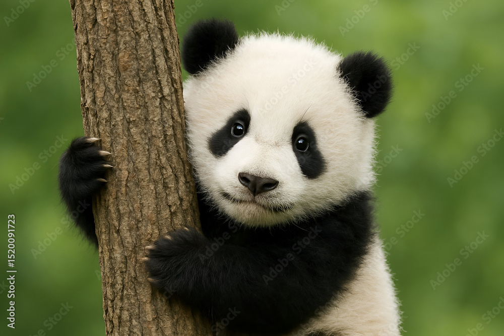 Fototapeta premium Adorable baby panda cub hugging tree trunk