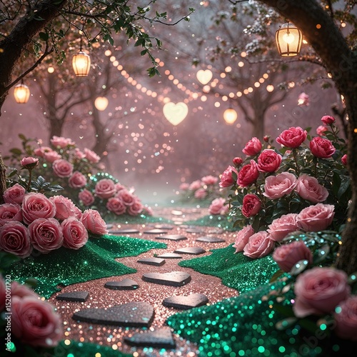 Un paisaje onírico que representa el amor y la fantasía, con un sendero de piedra entre rosales rosados y luces centelleantes.