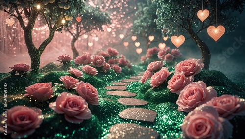 Jardín encantado de amor: un idílico paseo con rosas rosadas, luces colgantes en forma de corazón y un brillo etéreo en el suelo.