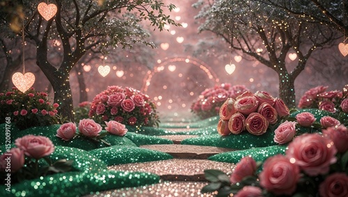 Un camino de cuento de hadas con brillantes destellos de purpurina y flores de rosa en plena floración, bajo un dosel de árboles con luces de San Valentín.