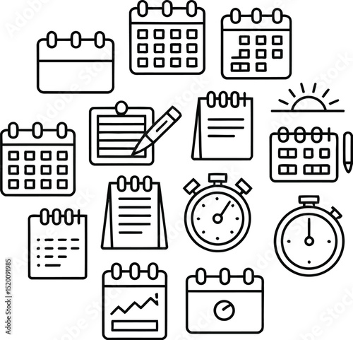 A collection of calendar and timer icons arranged in a cluster on a plain light gray background