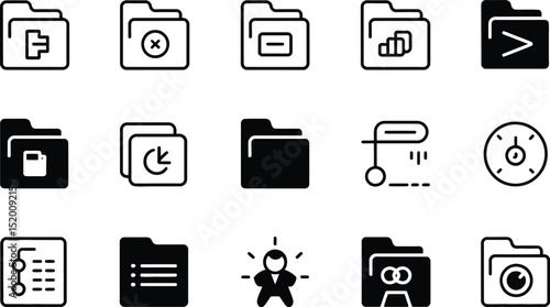 A collection of fifteen different folder icons in a black and white color scheme on a white background