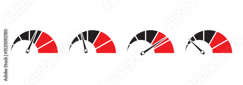 Speed signs. Speedometer black icons set. Speed indicators with arrows. Fast speed. Internet speed, gauge, dashboard, indicator, tachometer, scale. Credit score indicator. Risk levels meter icon