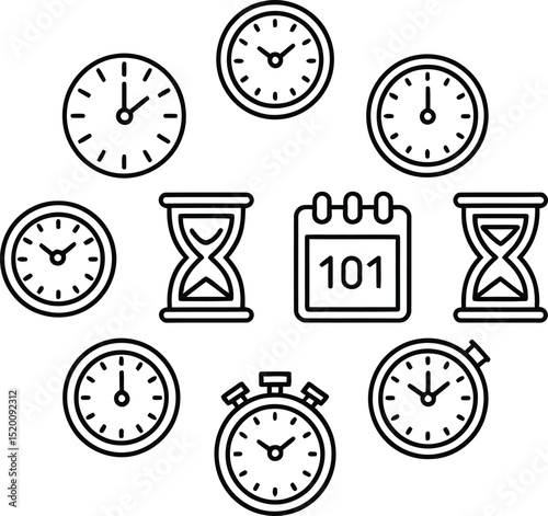 A circular arrangement of clocks, hourglasses, and a calendar icon on a light gray background