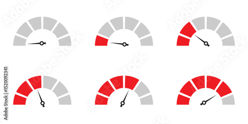 Speedometer icon set. Set of gauges from low to high. Risk meter icon set. Risk concept on speedometer. Set of gauges from low to high . eps 10