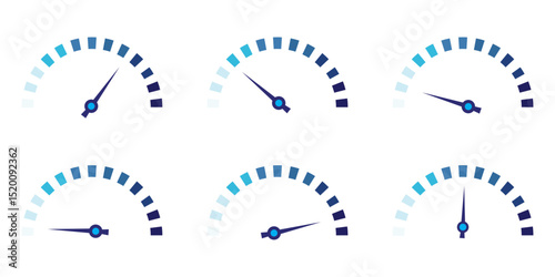 Dashboard colorful speedometer icons set. Tachometer icon isolated. Performance indicator sign. Car speed. Fast internet speed sign. Stock flat vector elements.