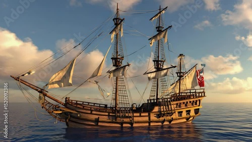 Historical Sailing Ship with Full Sails and English Flag on the Ocean at Sunset
