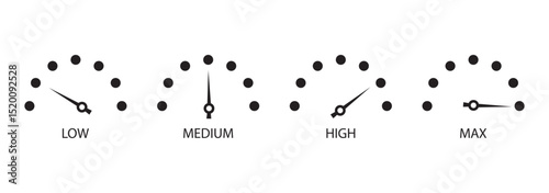 speedometer color icon set. Low, medium, high and max speedometer sign. Rating Speed Meter. Speedometer icon. Speed indicator sign. Internet car speed.