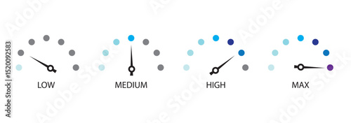 speedometer color icon set. Low, medium, high and max speedometer sign. Rating Speed Meter. Speedometer icon. Speed indicator sign. Internet car speed.