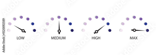 speedometer color icon set. Low, medium, high and max speedometer sign. Rating Speed Meter. Speedometer icon. Speed indicator sign. Internet car speed.
