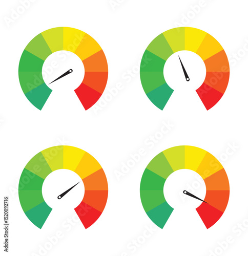 Dashboard colorful speedometer icons set. Tachometer icon isolated. Performance indicator sign. Car speed. Fast internet speed sign. Stock flat vector elements.