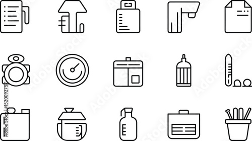 Collection of outline icons depicting various objects including containers and measurement tools neatly arranged