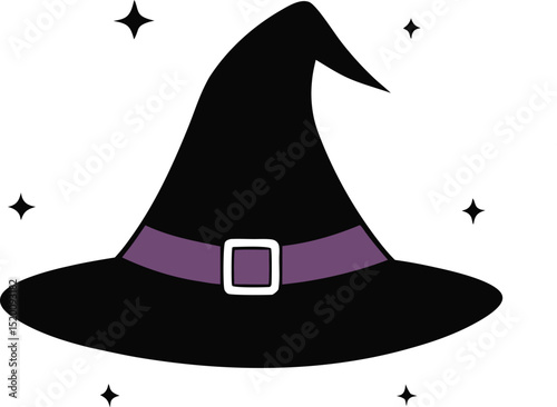 Black Witch Hat with Purple Band and Sparkling Stars Illustration