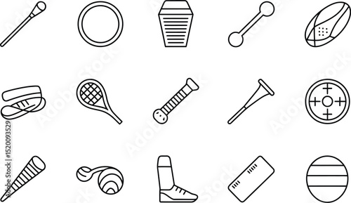 A collection of outlined icons depicting various objects including sports equipment and accessories