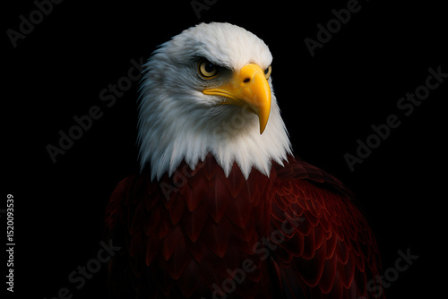 Majestic bald eagle portrait against black background