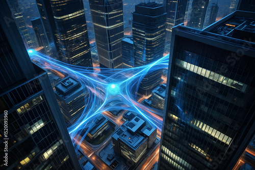 Futuristic city aerial view with glowing data streams and skyscrapers night