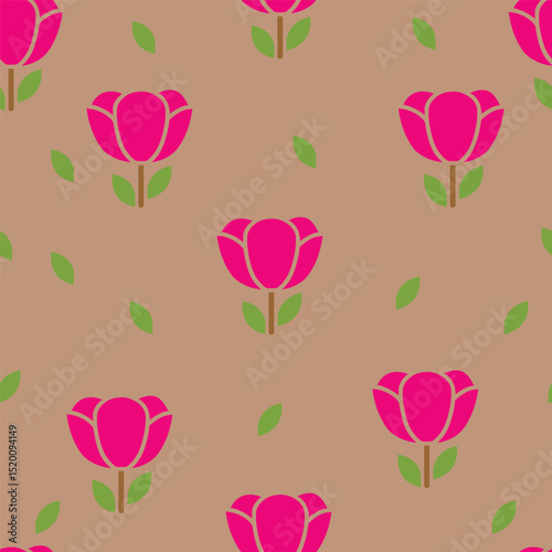 A delightful repeating pattern featuring bright pink roses with green leaves against a soft neutral background. This charming design is perfect for textiles, stationery, and any project that seeks.