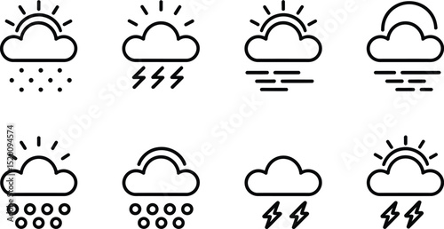 Weather icons collection featuring sun, clouds, rain, and lightning in a simple line art style design