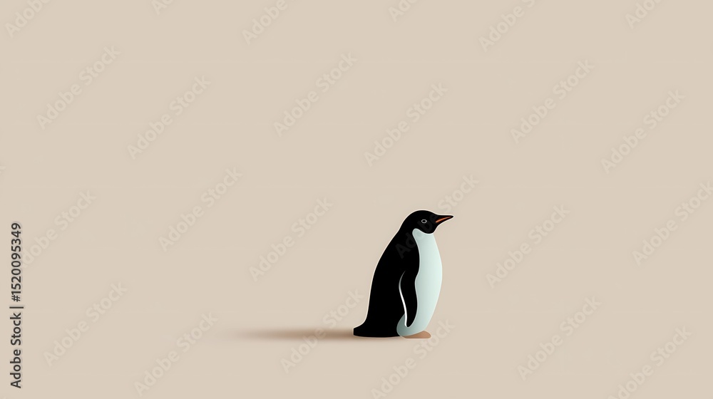 Fototapeta premium A crisp high-contrast illustration featuring a black and white penguin standing against a warm beige background. This ultra-minimalist design with generous blank space is perfect for modern nursery