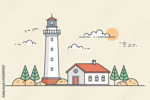 lighthouse on the beach simple illustration, background vector autumn landscape with trees colorful abstract pattern background. template summer concept. vector illustration	