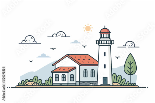 lighthouse on the beach simple illustration, background vector autumn landscape with trees colorful abstract pattern background. template summer concept. vector illustration	
