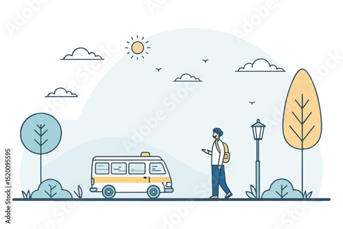 man and car simple illustration, background vector autumn landscape with trees colorful abstract pattern background. template summer concept. vector illustration	