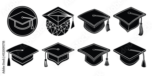 set of black and white  graduation cap on white background