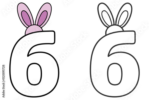 A pink bunny peers over a number six, presented in both color and outline