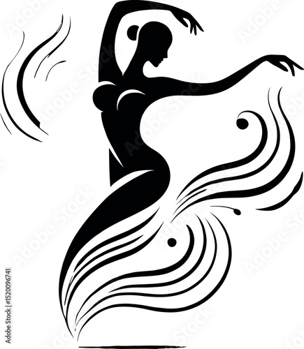 A black-and-white minimalist oil drop silhouette of a woman with outstretched arms, encircled by flowing breath lines, symbolizing wellness, calm, and elegant breathing exercise themes.
