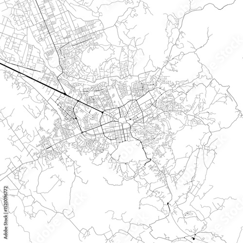 Monochrome city map with road and train network of	Tirana, Albania