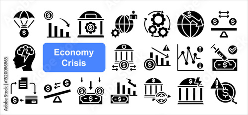 Economy Crisis icon collection set. Containing depressions, economic downturn, financial meltdown, stock marker cash, recession, credit crunch, default, trade war icon. Simple line vector.