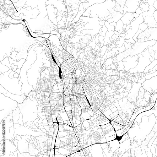 Monochrome city map with road and train network of	Graz, Austria