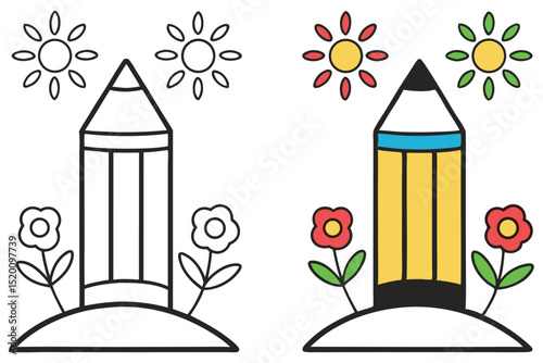 Two pencils one is monochrome, the other colored, surrounded by flowers and suns