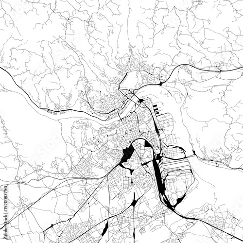 Monochrome city map with road and train network of	