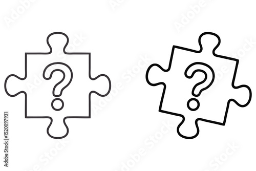 Two puzzle pieces displaying question marks are outlined in black on a white backdrop