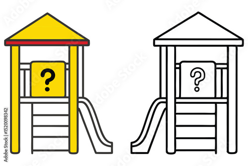 Yellow playground structure with question mark faces monochrome outlined counterpart with transparency