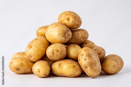 A pile of freshly harvested golden potatoes against a clean white background