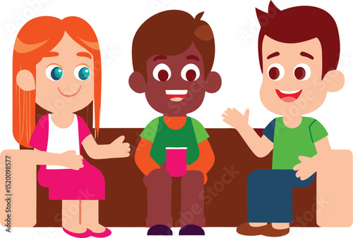 Three Diverse Children Sitting on a Couch Having a Conversation Together