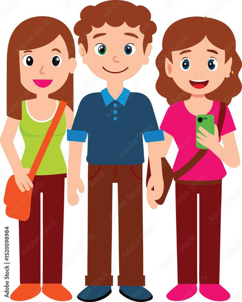 Cartoon illustration of three young people standing together smiling happily Cartoon illustration of three young people standing together smiling happily