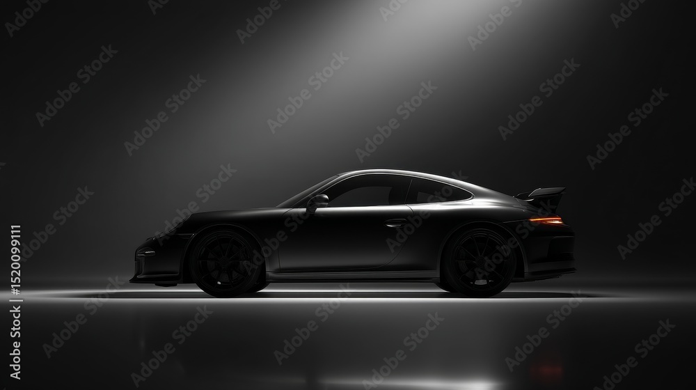 Obraz premium Sleek black sports car showcased under dramatic lighting in a minimalistic studio.