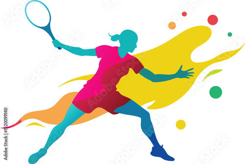 Dynamic vector silhouette of a tennis player in action, striking a ball during a competitive game