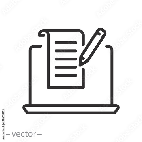 write content icon, social personal blog, latest information, news announce, paper document page in pc, thin line symbol on white background - editable stroke vector illustration