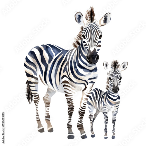 A Mother Zebra With Her Kid, watercolor drawing vector, high quality, isolated on a white background.