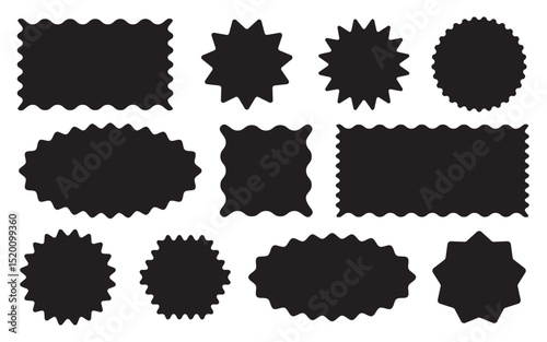 Retro Badge Label Wavy Edge Rectangle, Oval, Circle Black and White Set. Abstract Elements for Label, Badge, Template, Web Design and Social Media